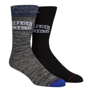 Tommy Hilfiger Men's Crew Socks 2 Pack Black Heathered‎ Blue Ribbed "Since 1985"